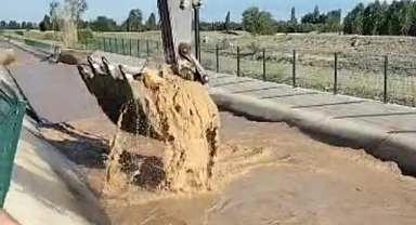 Sulama kanalında sürüklenen boğa kepçe ile kurtarıldı