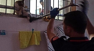 Pencere korkuluklarına sıkıştı! Sesleri duyanlar yardıma koştu