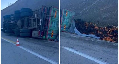 Mandalina yüklü kamyon yan yattı!