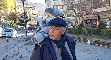 Güvercinleri ağzıyla besliyor!