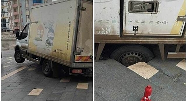 Kaldırım çöktü, kamyonet içine girdi
