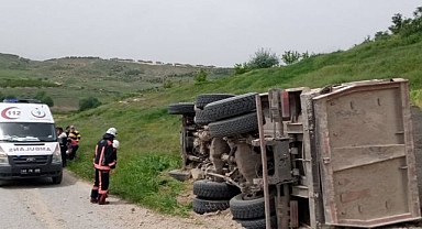 Frenleri boşalan kamyon devrildi