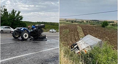 Kamyonun çarptığı traktör ikiye bölündü
