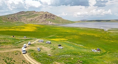 Sarı çiçeklerle renklenen göl ziyaretçilerini ağırlıyor