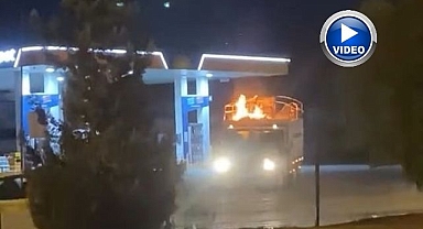 Alev alan kamyonet akaryakıt istasyonuna daldı