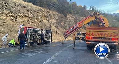 Canlı hayvan taşıyan çekici devrildi!