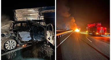 Römorka çarpan otomobil alev topuna döndü