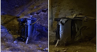 Erzurum'da kar yağışı kazaya sebep oldu! Kayganlaşan yoldan çıkarak devrildi!