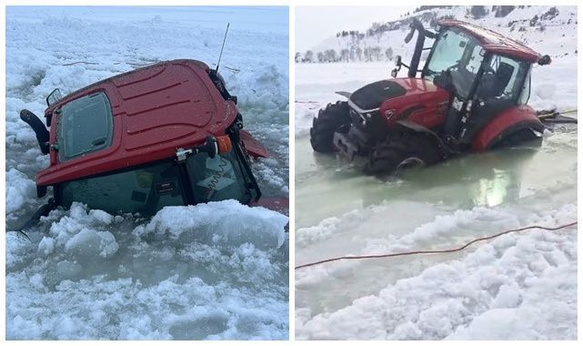 Gölün yüzeyindeki buz kırıldı, traktör sulara gömüldü   