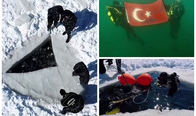 Buzla kaplı gölette nefes kesen dalış