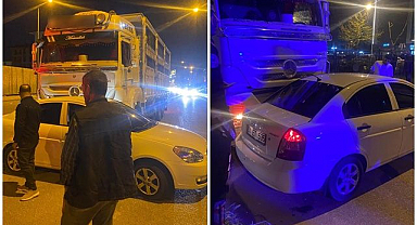 Kamyon otomobili sürükledi