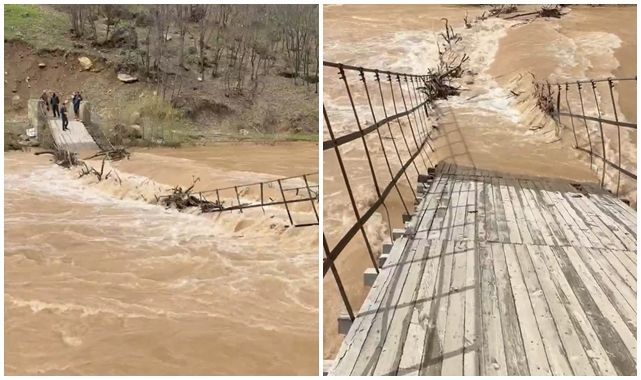 Munzur Nehri taştı, asma köprü çöktü