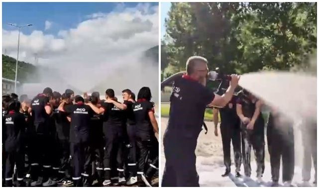 İtfaiyeci adaylarından renkli mezuniyet kutlaması