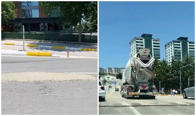 Mikserden taşan beton, asfalt yola döküldü   