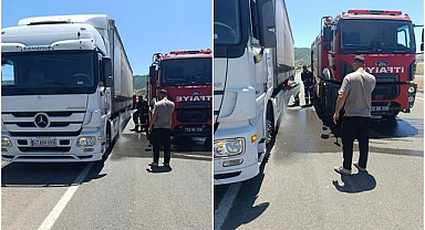 Tırın lastikleri alev aldı
