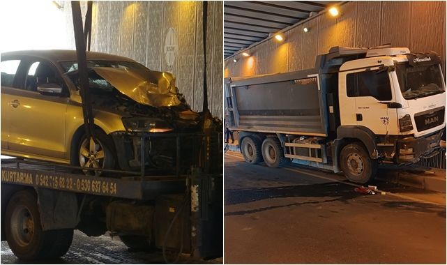 Alt geçitte korkutan kaza! Kontrolden  çıkan kamyon  araca çarptı