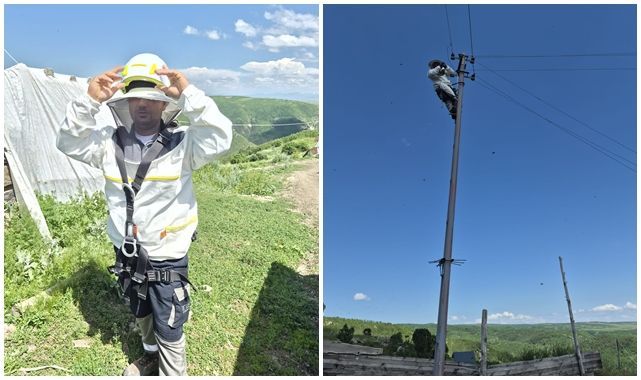 Aras Elektrik ekipleri arıcı koruyucu kıyafetiyle müdahale ediyor