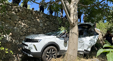 İstinat duvarını aşan araç bahçeye devrildi!