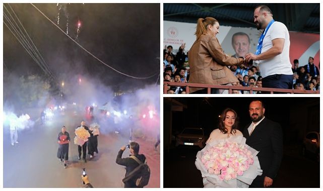 Stadyumda evlilik teklif etmişti, kız istemeye 60 meşaleyle gitti   