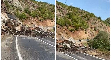 Yamaçtan kopan dev kayalar köy yolunu kapattı